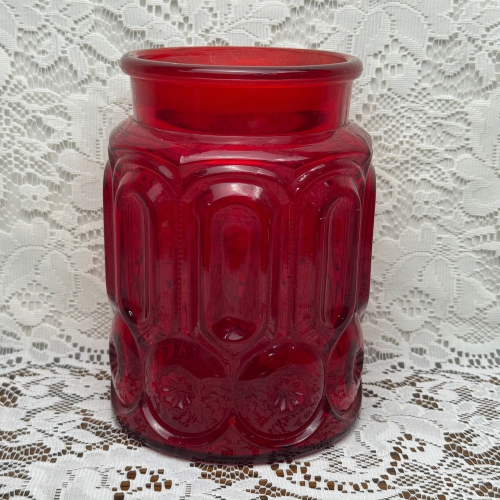 Vintage Ruby Red Moon and Star Glass Canister Jar Base L.E. Smith Wright MCM